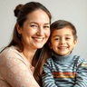 happy mother with young child both smiling warmly, family portrait, professional photo style